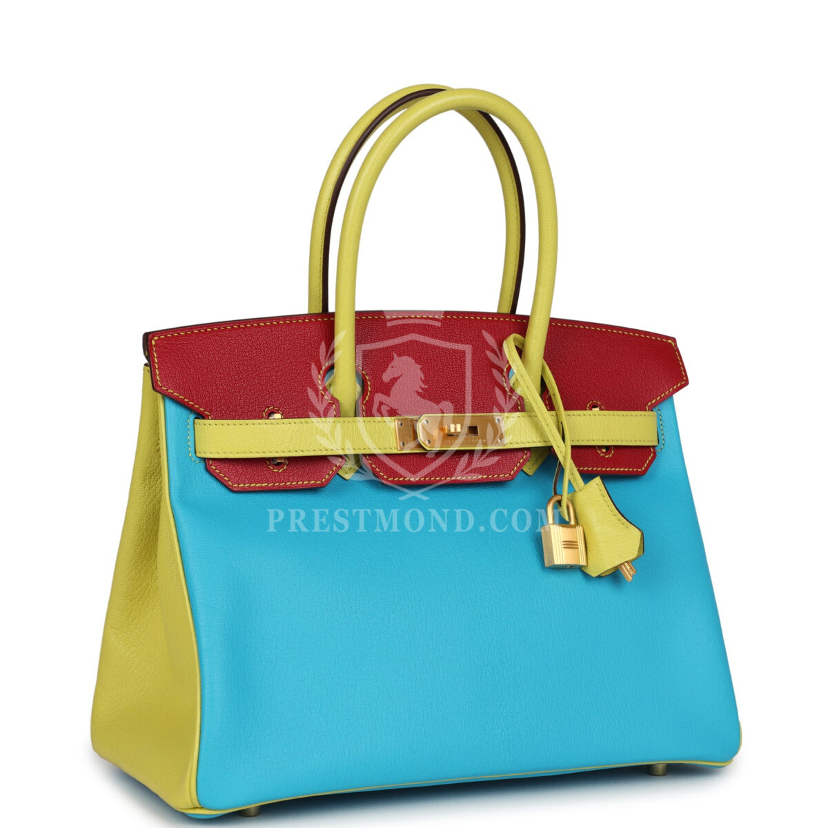 Hermes Special Order (HSS) Tri-color Birkin 30 Bleu Aztec, Soufre and Rouge Vif Chevre Brushed GHW — изображение 2