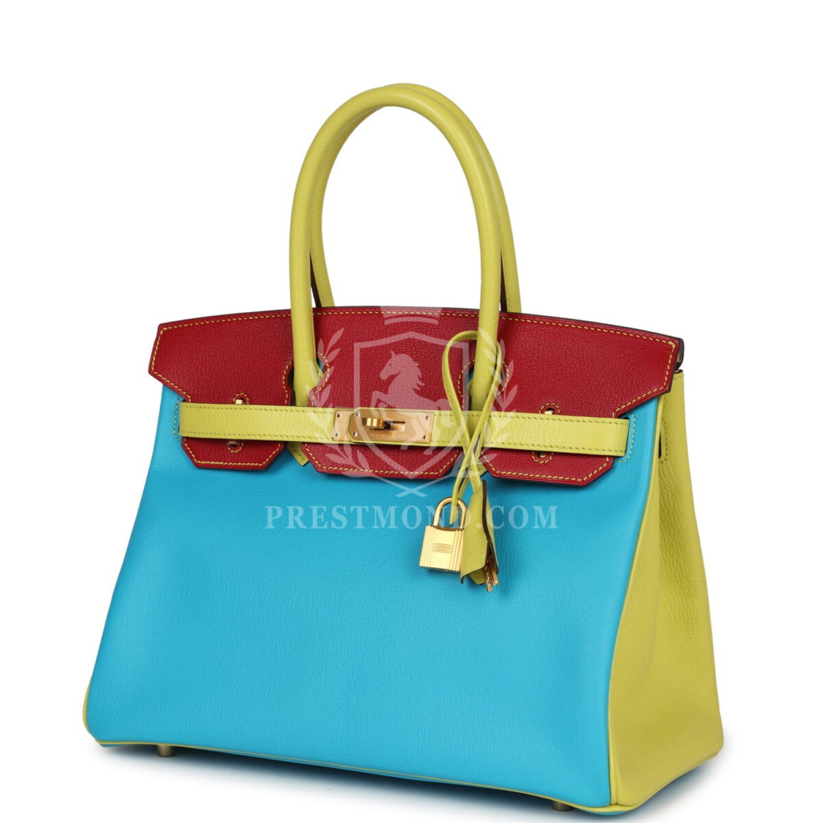 Hermes Special Order (HSS) Tri-color Birkin 30 Bleu Aztec, Soufre and Rouge Vif Chevre Brushed GHW — изображение 5