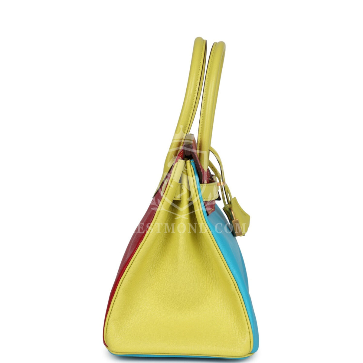 Hermes Special Order (HSS) Tri-color Birkin 30 Bleu Aztec, Soufre and Rouge Vif Chevre Brushed GHW — изображение 3