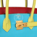 Hermes Special Order (HSS) Tri-color Birkin 30 Bleu Aztec, Soufre and Rouge Vif Chevre Brushed GHW