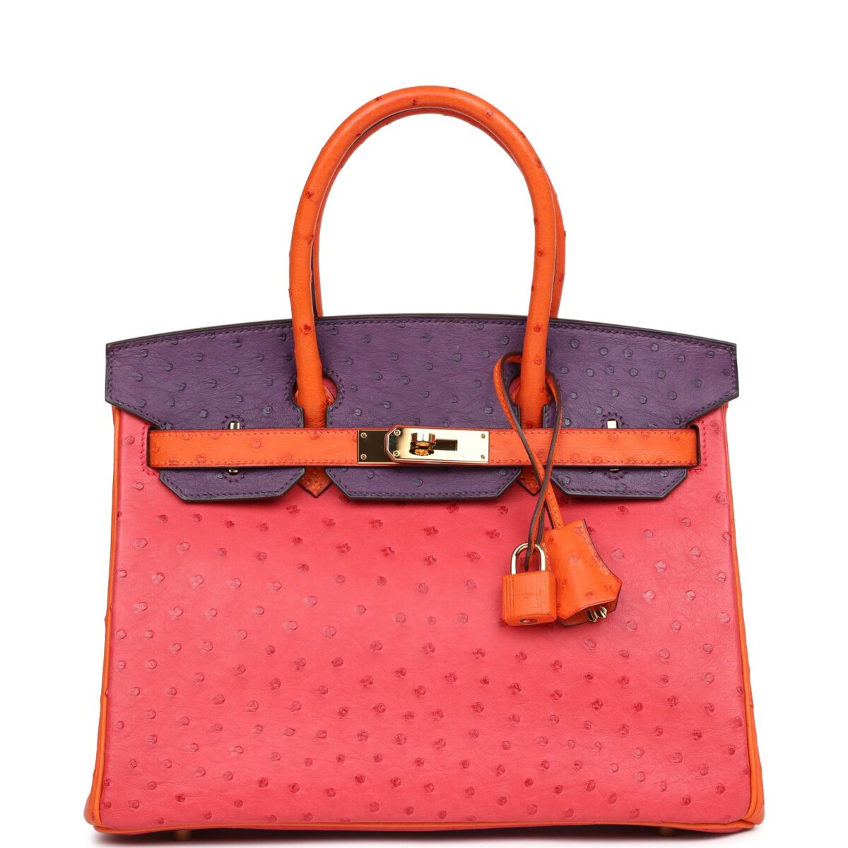 Hermes Special Order (HSS) Birkin 30 Tangerine, Violet and Bougainvillea Ostrich GHW