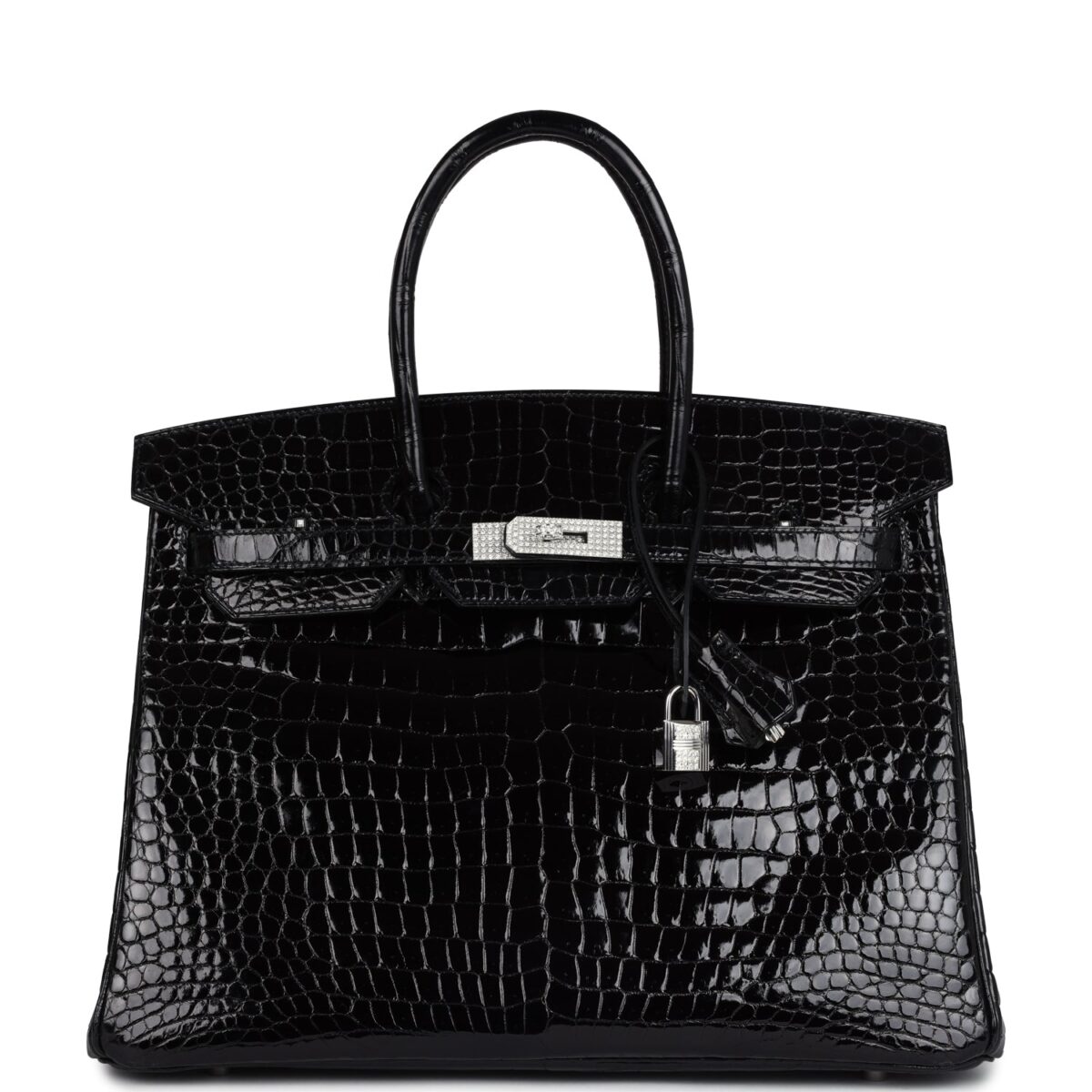 Hermes Birkin 35 Black Shiny Porosus Crocodile 18K White GHW Diamond Hardware