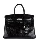 Hermes Birkin 35 Black Shiny Porosus Crocodile 18K White GHW Diamond Hardware