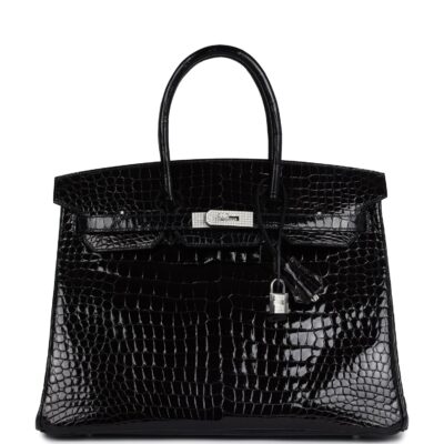 Hermes Birkin 35 Black Shiny Porosus Crocodile 18K White GHW Diamond Hardware
