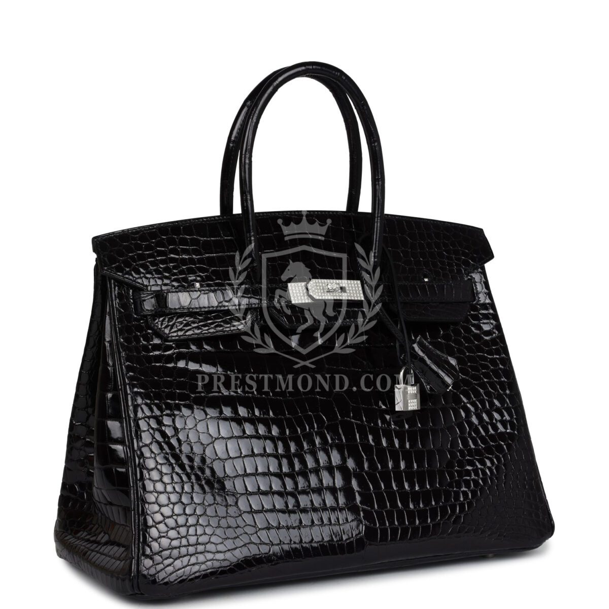 Hermes Birkin 35 Black Shiny Porosus Crocodile 18K White GHW Diamond Hardware — изображение 2
