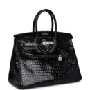 Hermes Birkin 35 Black Shiny Porosus Crocodile 18K White GHW Diamond Hardware