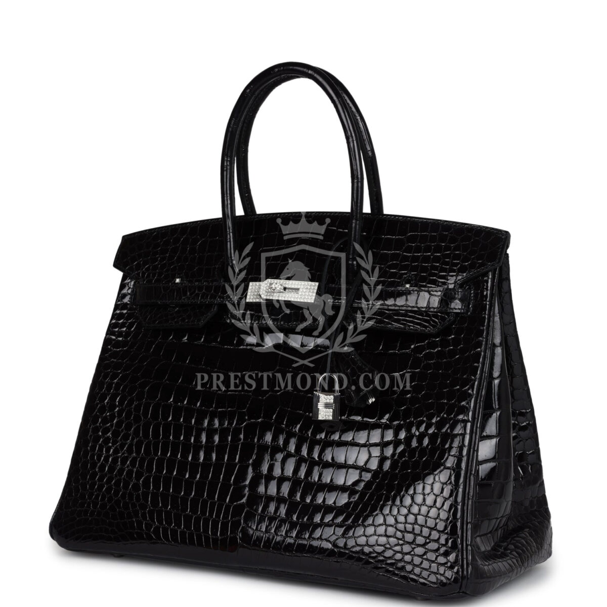 Hermes Birkin 35 Black Shiny Porosus Crocodile 18K White GHW Diamond Hardware — изображение 5