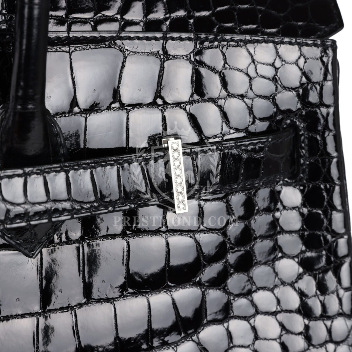Hermes Birkin 35 Black Shiny Porosus Crocodile 18K White GHW Diamond Hardware — изображение 9