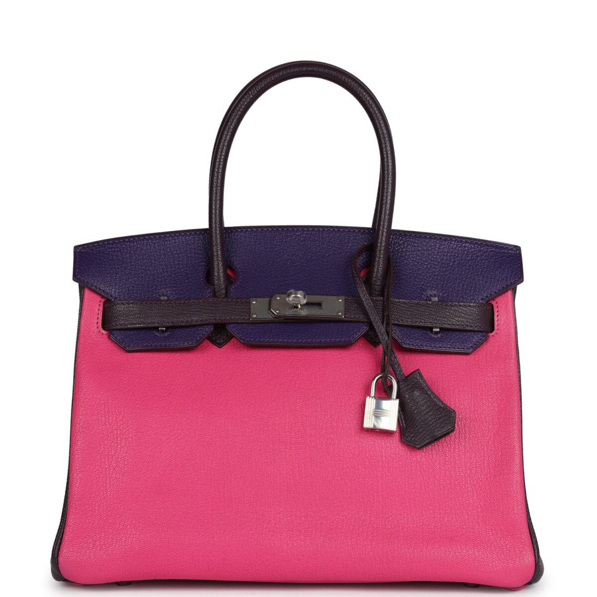 Hermes Special Order (HSS) Birkin 30 Tri-color Raisin, Ultraviolet and Rose Shocking Chevre PHW