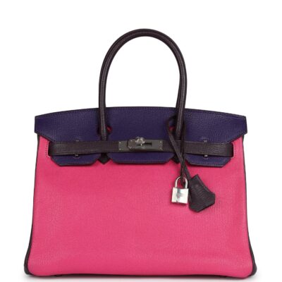 Hermes Special Order (HSS) Birkin 30 Tri-color Raisin, Ultraviolet and Rose Shocking Chevre PHW