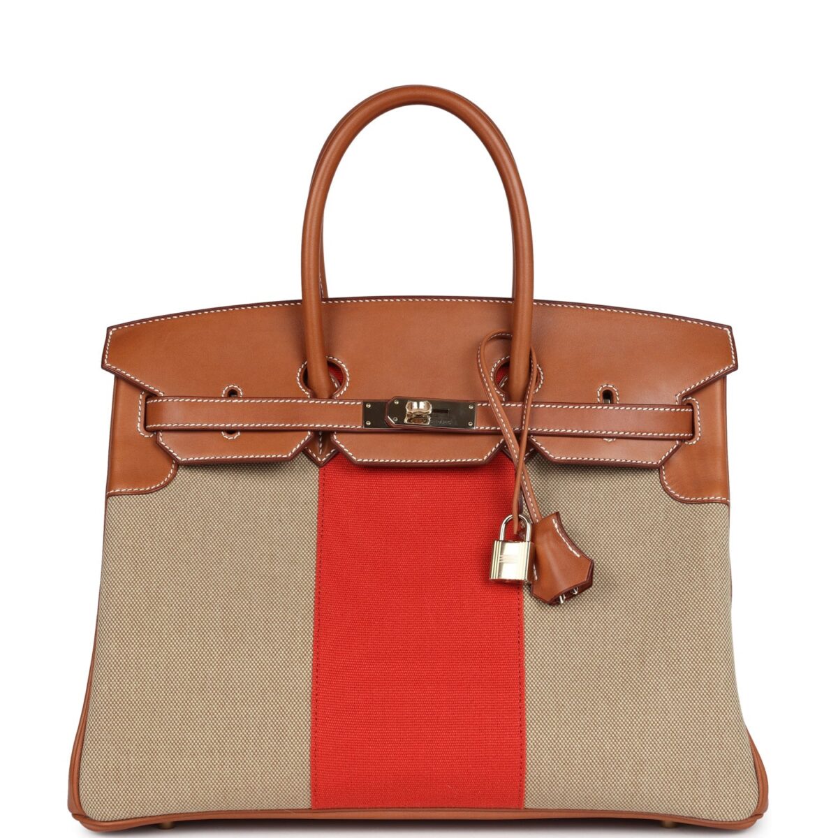 Hermes Birkin 35 Flag Ficelle and Paprika Toile H and Fauve Barenia PBHW