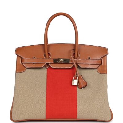 Hermes Birkin 35 Flag Ficelle and Paprika Toile H and Fauve Barenia PBHW