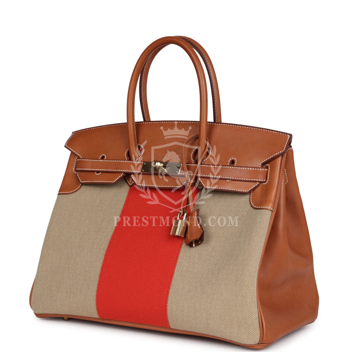 Hermes Birkin 35 Flag Ficelle and Paprika Toile H and Fauve Barenia PBHW — изображение 5