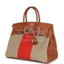 Hermes Birkin 35 Flag Ficelle and Paprika Toile H and Fauve Barenia PBHW