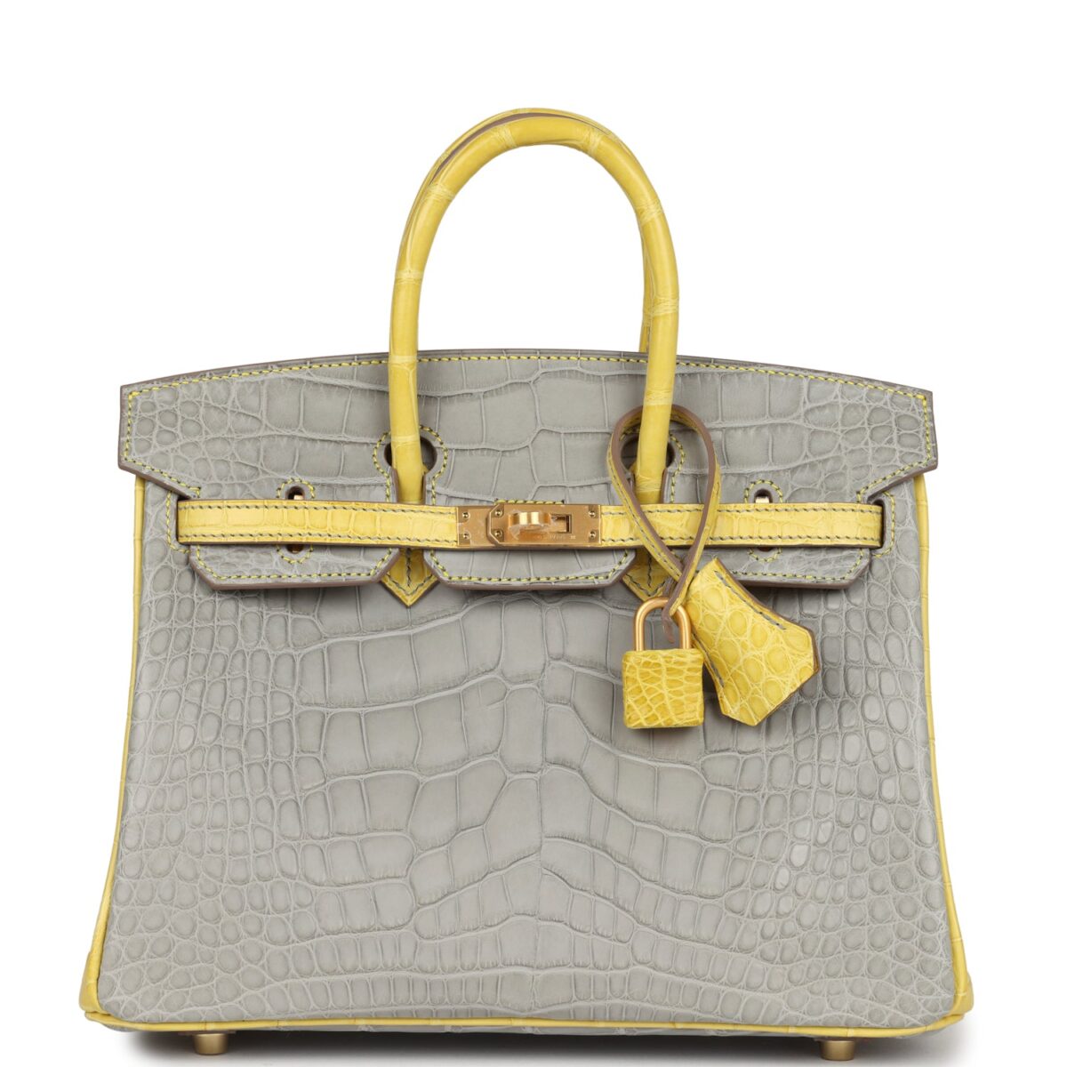Hermes Special Order (HSS) Birkin 25 Gris Perle and Mimosa Matte Alligator Brushed GHW