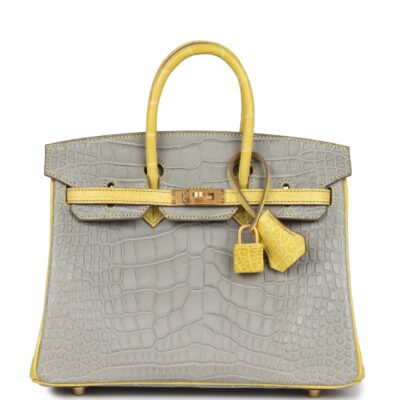 Hermes Special Order (HSS) Birkin 25 Gris Perle and Mimosa Matte Alligator Brushed GHW