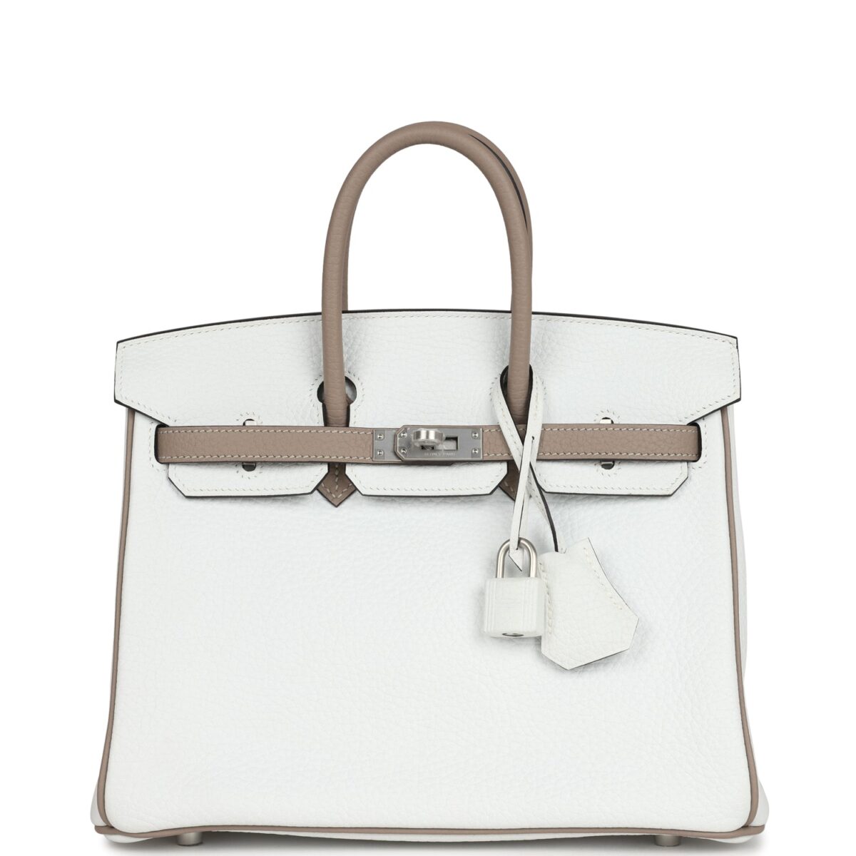 Hermes Special Order (HSS) Birkin 25 White and Etoupe Clemence Brushed PHW