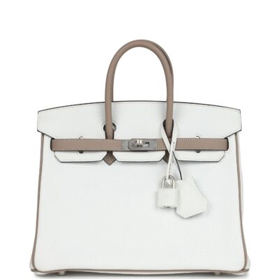 Hermes Special Order (HSS) Birkin 25 White and Etoupe Clemence Brushed PHW