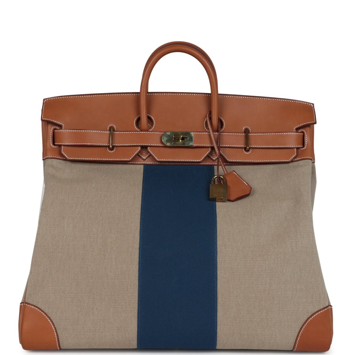 Hermes Birkin HAC 50 Flag Ficelle Toile H, Fauve Barenia and Bleu Toile H Canvas GHW