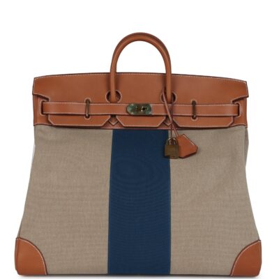 Hermes Birkin HAC 50 Flag Ficelle Toile H, Fauve Barenia and Bleu Toile H Canvas GHW
