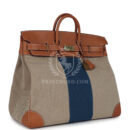 Hermes Birkin HAC 50 Flag Ficelle Toile H, Fauve Barenia and Bleu Toile H Canvas GHW