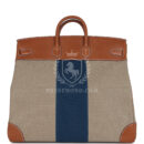 Hermes Birkin HAC 50 Flag Ficelle Toile H, Fauve Barenia and Bleu Toile H Canvas GHW