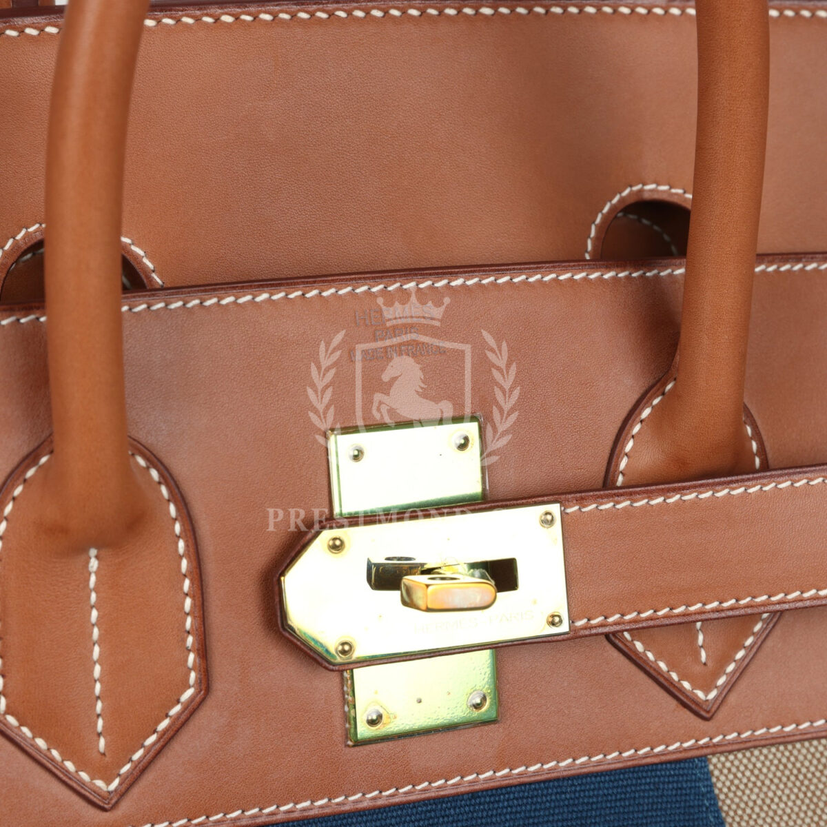 Hermes Birkin HAC 50 Flag Ficelle Toile H, Fauve Barenia and Bleu Toile H Canvas GHW — изображение 7
