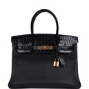 Hermes Birkin 30 Black Shiny Niloticus Crocodile and Novillo Touch Rose GHW