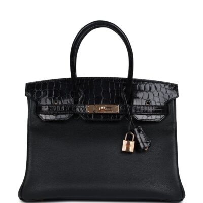 Hermes Birkin 30 Black Shiny Niloticus Crocodile and Novillo Touch Rose GHW