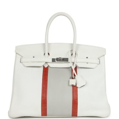 Hermes Birkin Club 35 White and Gris Perle Clemence and Sanguine Lizard PHW
