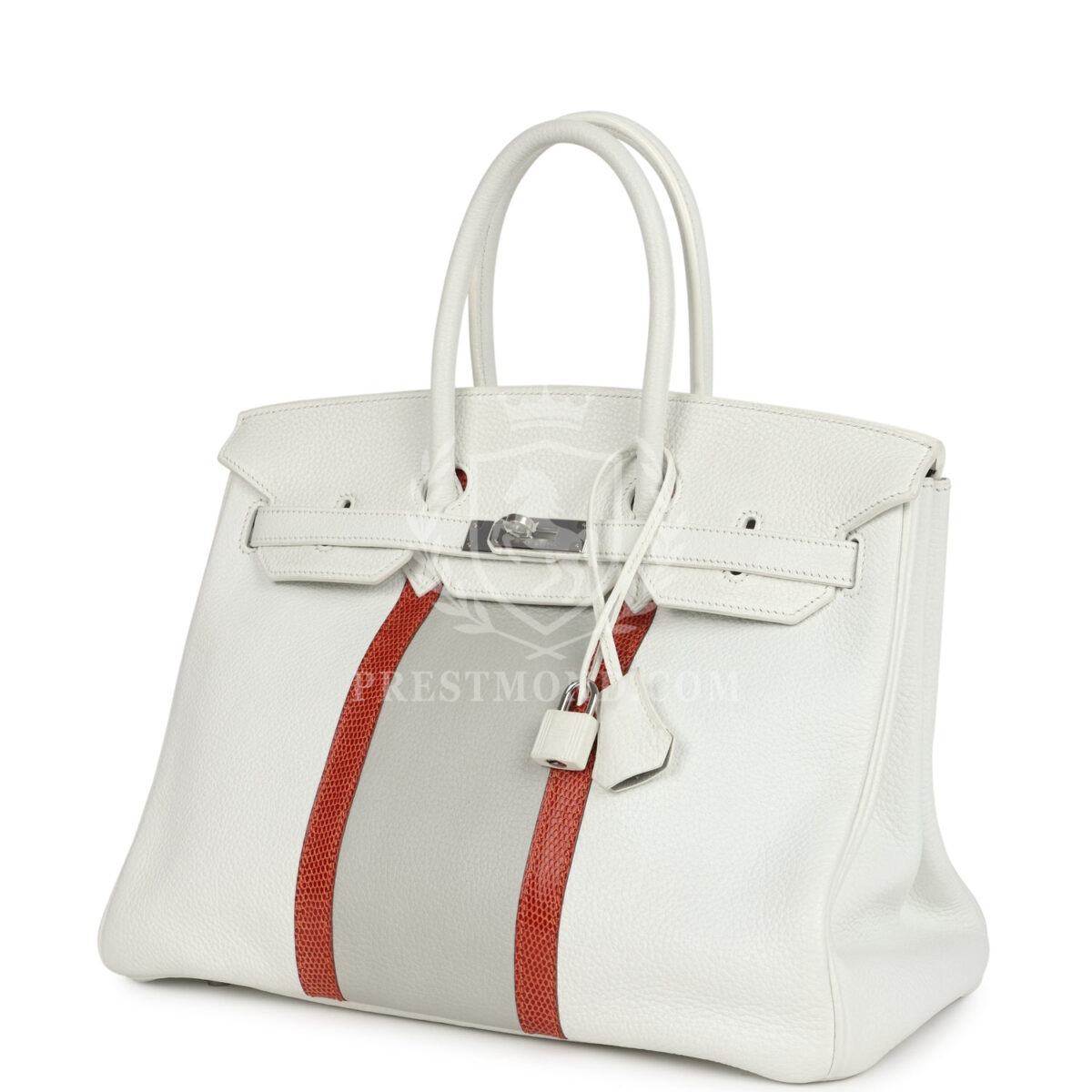 Hermes Birkin Club 35 White and Gris Perle Clemence and Sanguine Lizard PHW — изображение 5