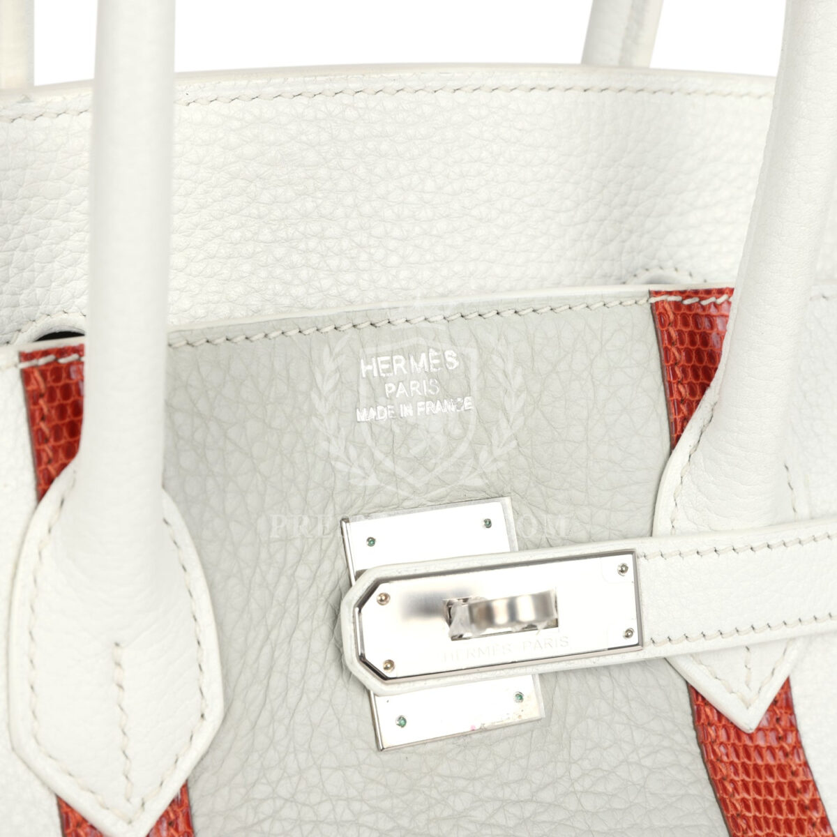 Hermes Birkin Club 35 White and Gris Perle Clemence and Sanguine Lizard PHW — изображение 7