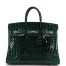 Hermes Birkin 25 Vert Fonce Shiny Porous Crocodile PHW
