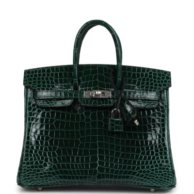 Hermes Birkin 25 Vert Fonce Shiny Porous Crocodile PHW