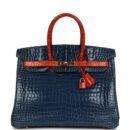 Vintage Hermes Birkin 35 Bleu Roi and Orange Shiny Porosus Crocodile GHW