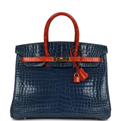 Vintage Hermes Birkin 35 Bleu Roi and Orange Shiny Porosus Crocodile GHW