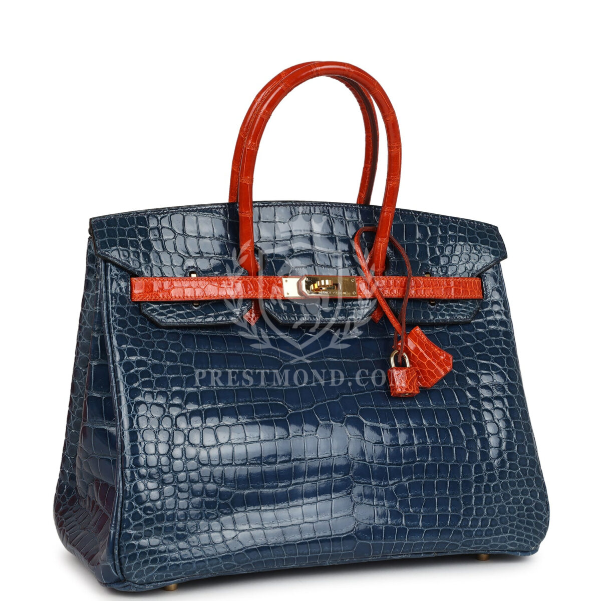 Vintage Hermes Birkin 35 Bleu Roi and Orange Shiny Porosus Crocodile GHW — изображение 2