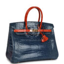 Vintage Hermes Birkin 35 Bleu Roi and Orange Shiny Porosus Crocodile GHW