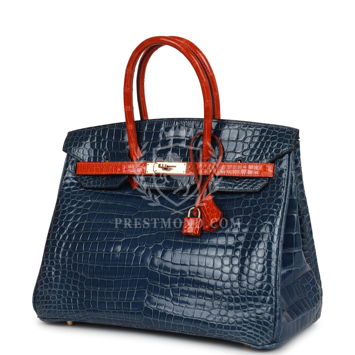 Vintage Hermes Birkin 35 Bleu Roi and Orange Shiny Porosus Crocodile GHW — изображение 5
