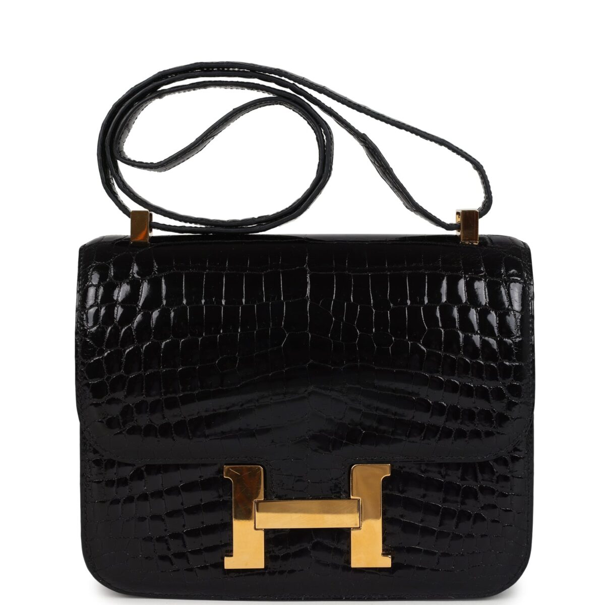 Hermes Constance 24 Black Shiny Niloticus Crocodile GHW