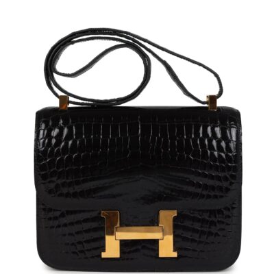 Hermes Constance 24 Black Shiny Niloticus Crocodile GHW