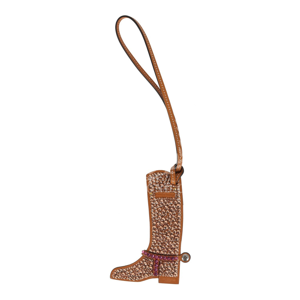 Custom Brown Swarovski Crystal Hermes Paddock Boot Bag Charm Natural Sable Butler and Rose Swift Palladium Hardware — изображение 2