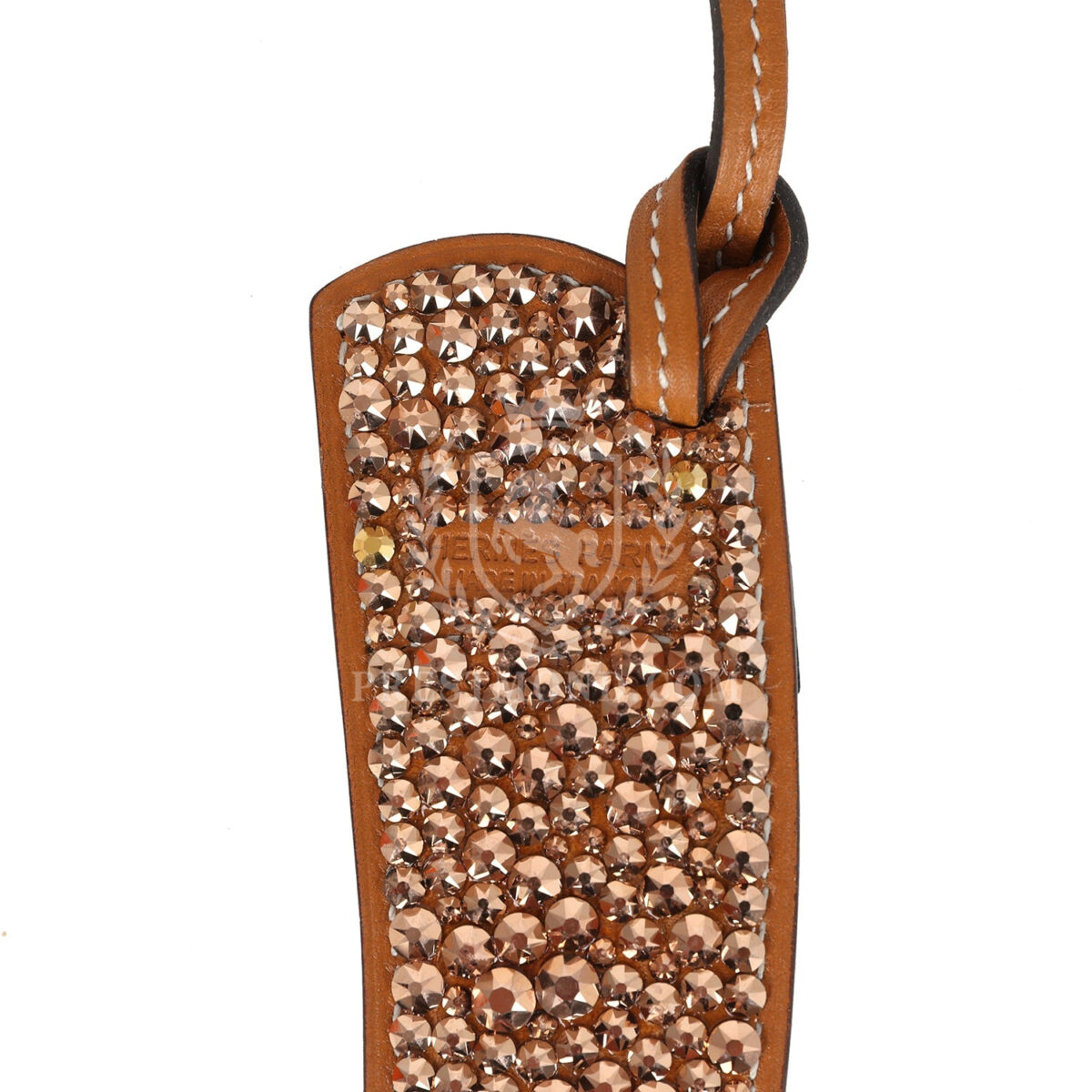 Custom Brown Swarovski Crystal Hermes Paddock Boot Bag Charm Natural Sable Butler and Rose Swift Palladium Hardware — изображение 3