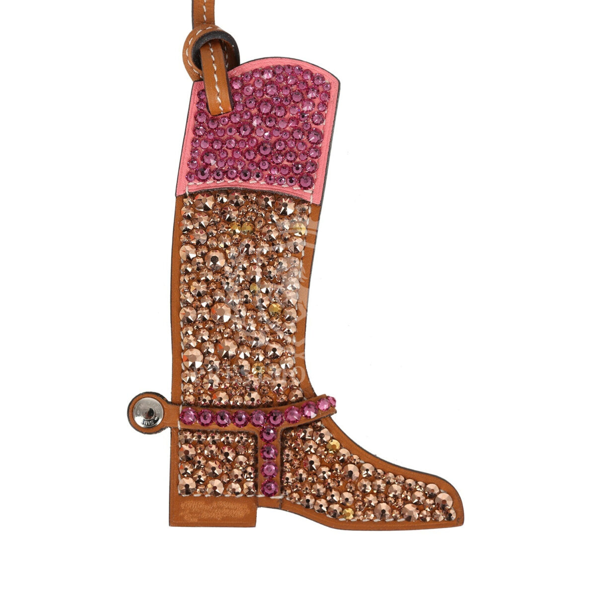 Custom Brown Swarovski Crystal Hermes Paddock Boot Bag Charm Natural Sable Butler and Rose Swift Palladium Hardware — изображение 4