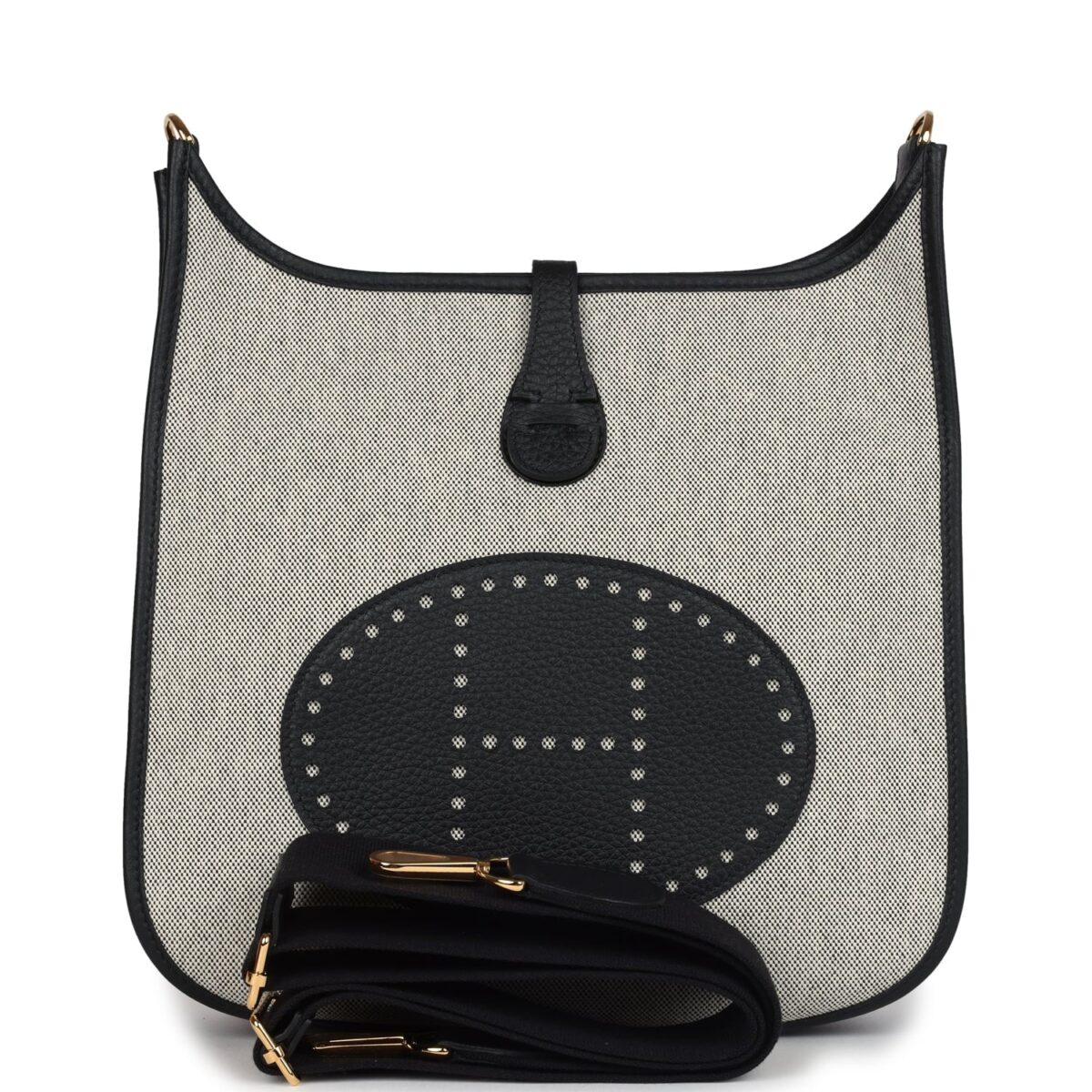 Hermes Evelyne III PM Black Clemence and Ecru Toile GHW