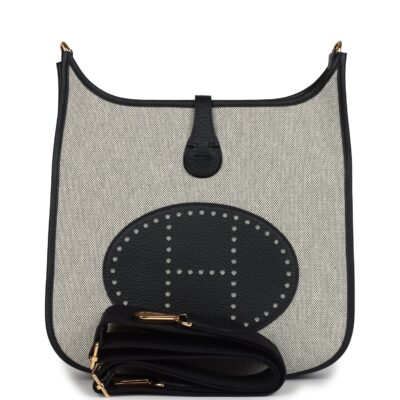 Hermes Evelyne III PM Black Clemence and Ecru Toile GHW