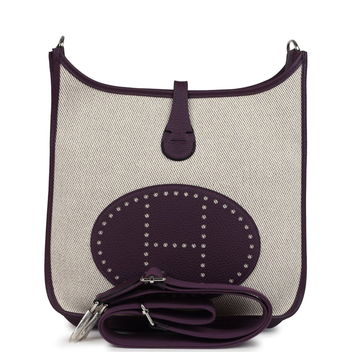 Hermes Evelyne III PM Cassis Clemence and Ecru Toile H PHW