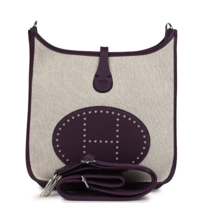Hermes Evelyne III PM Cassis Clemence and Ecru Toile H PHW