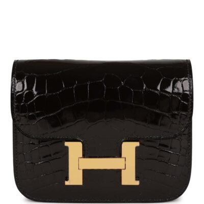 Hermes Constance Slim Wallet Shiny Black Alligator GHW