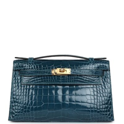 Hermes Kelly Pochette Vert Bosphore Shiny Alligator GHW